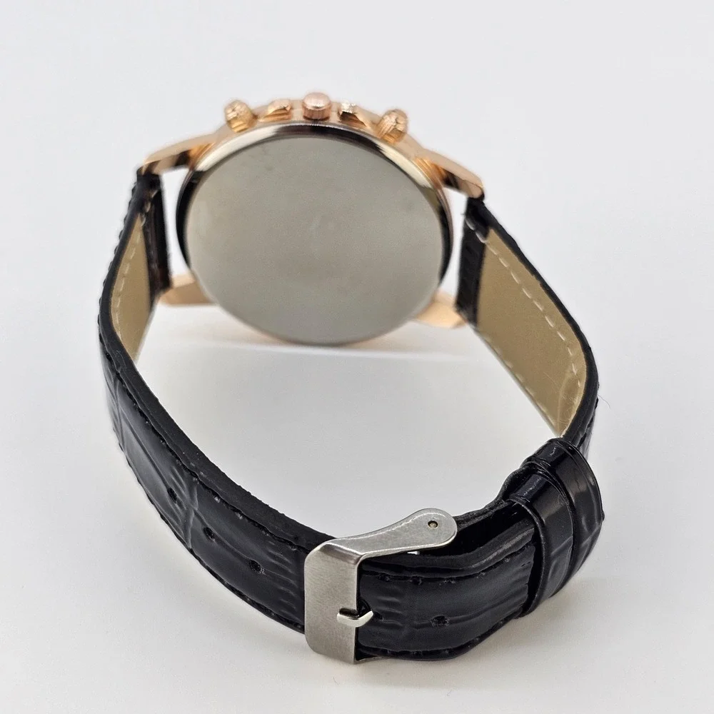 Men's Watch Analog 40MM Black Dial Black Faux Leather Bands New Battery